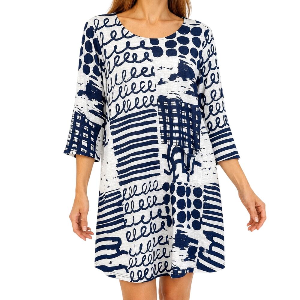 NEW NWOT Shana Sz XL Navy Blue White Knit Dress Wearable Art Unique Artsy